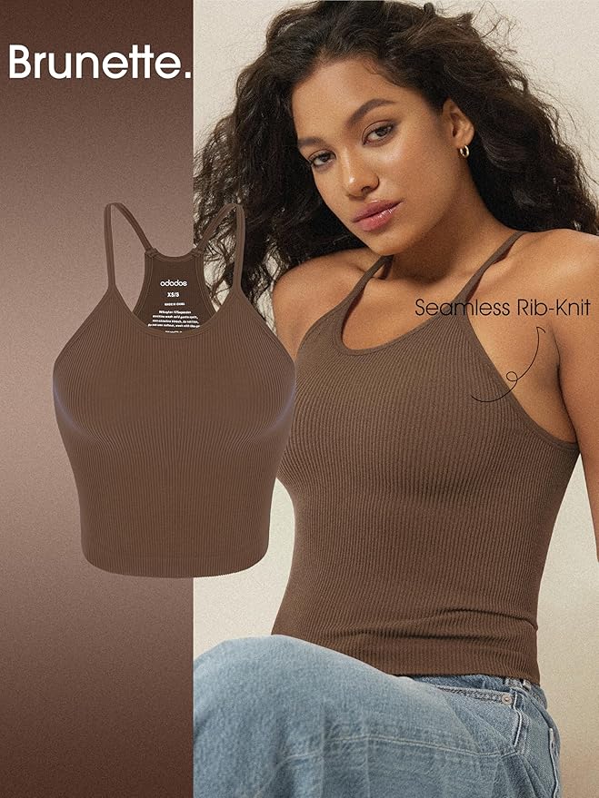 ODODOS Women's Crop 3-Pack Seamless Rib-Knit Camisole Crop Tank Tops