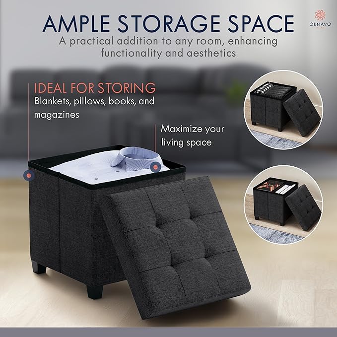 Ornavo Home Storage Ottoman with Legs, Square Cube Foot Rest Stool Seat, for Living Room, Bedroom, Home Office, Dorm - 15 x 15 x 15, Black