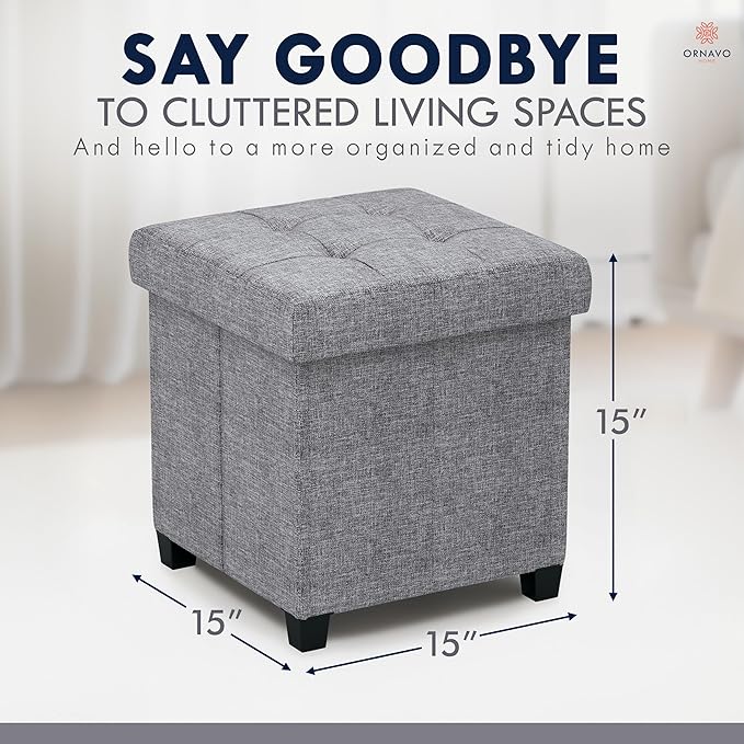 Ornavo Home Storage Ottoman with Legs, Square Cube Foot Rest Stool Seat, for Living Room, Bedroom, Home Office, Dorm - 15 x 15 x 15, Gray