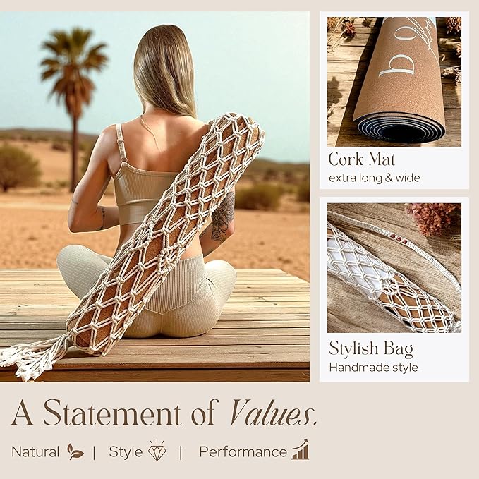 Premium Cork Yoga Mat Large 72"x26" – 5mm Thick Natural Rubber Cushioning - Non Slip Grip for Hot Yoga - Non-toxic & Odor-free - Stylish Alignment Lines & Elegant Boho Yoga Bag