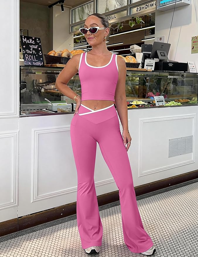 OLCHEE Womens Workout Sets 2 Piece Gym Yoga Outfits Crossover Flare Leggings Crop Tank Top with Contrast Trim