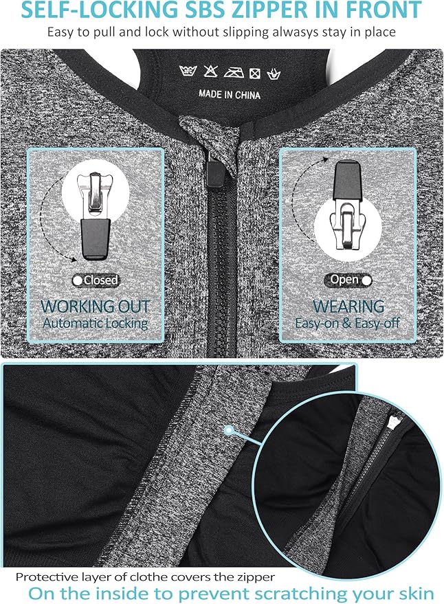 Women's Zip Front Sports Bra Wireless Post-Surgery Bra Active Yoga Sports Bras