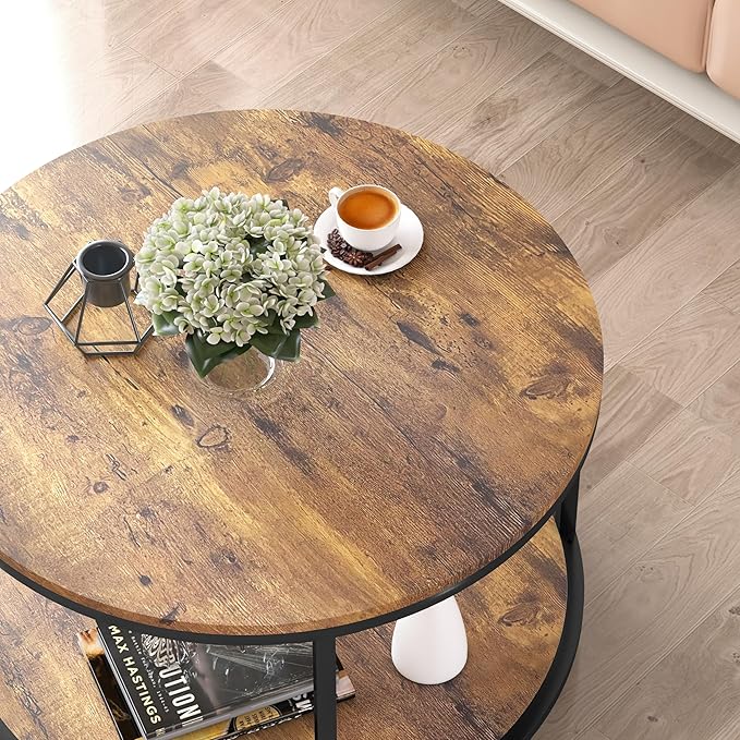 NSdirect Round Coffee Table, 25.6" Small Coffee Table for Living Room,2-Tier Rustic Wood Desktop with Storage Shelf Modern Design Home Furniture(Brown)