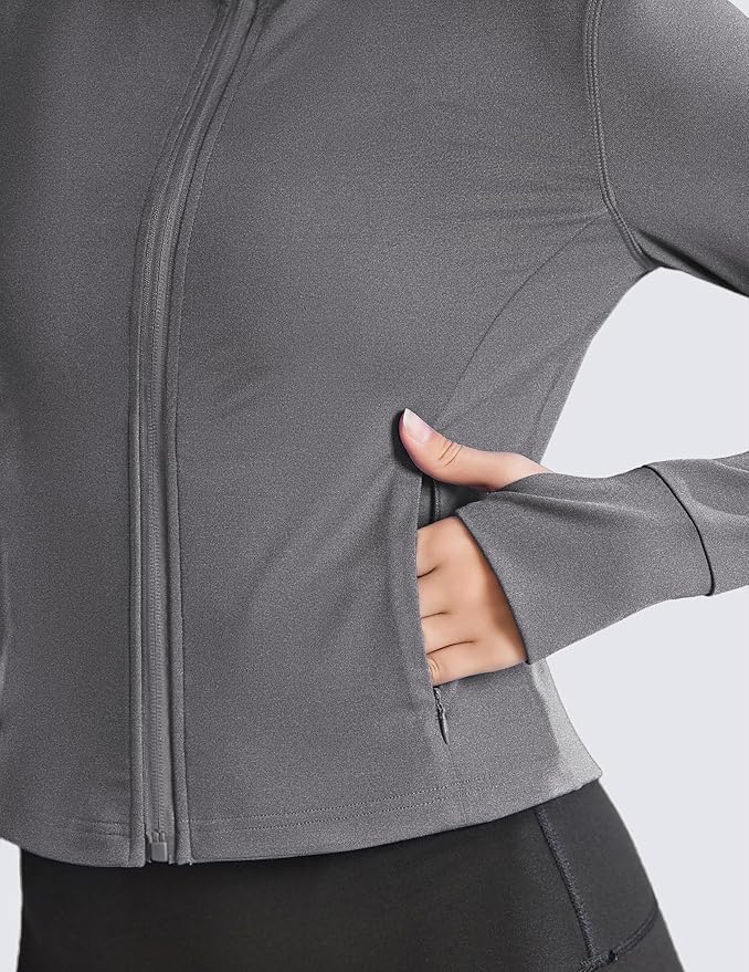 PINSPARK Women Cropped Workout Jackets Full Zip Slim Fit Athletic Jackets Thumb Holes Running Jacket with Zipper Pockets