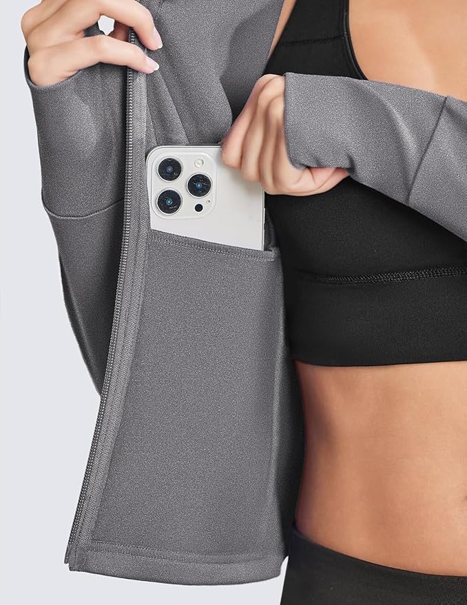 PINSPARK Women Cropped Workout Jackets Full Zip Slim Fit Athletic Jackets Thumb Holes Running Jacket with Zipper Pockets