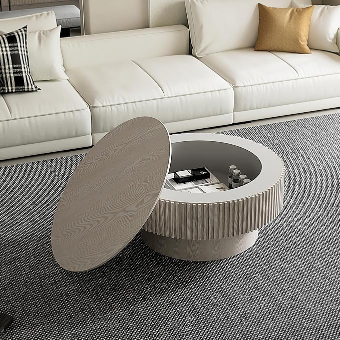 31.5'' Round Coffee Table with Storage, Modern Luxury Circle Drum Center Tables with Solid Wood Veneered, Accent Side Coffee Table for Living Room, Bedroom, Apartment-White