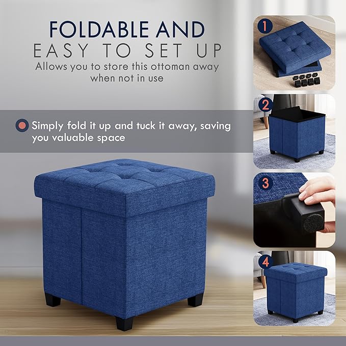 Ornavo Home Storage Ottoman with Legs, Square Cube Foot Rest Stool Seat, for Living Room, Bedroom, Home Office, Dorm - 15 x 15 x 15, Navy Blue