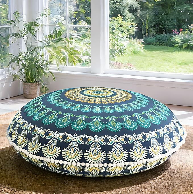 Codi Meditation Floor Pillow, Round Large Pillows Seating for Adults, Bohemian Mandala Circle Cushion for Outdoor Fireplace Yoga Living Room, 32 Inch, Memory Foam Added, Green