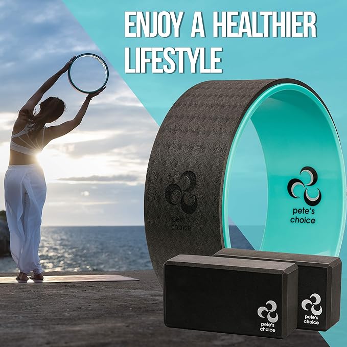 Yoga Wheel with Beginners Guide & Yoga Strap - Back Pain and Tension Relief. Comfy Roller for Stretching, Increase Flexibility. Home Exercise Kit. Ideal for Women Yogis. Improve your Posture.