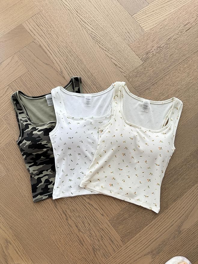 Danysu Women Rib Tank Top Padded Workout Top Square Neck Crop Tank Fitted Basic Cami Tops