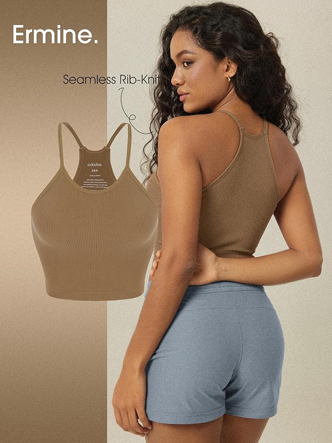 ODODOS Women's Crop 3-Pack Seamless Rib-Knit Camisole Crop Tank Tops