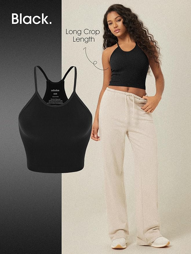 ODODOS Women's Crop 3-Pack Seamless Rib-Knit Camisole Crop Tank Tops