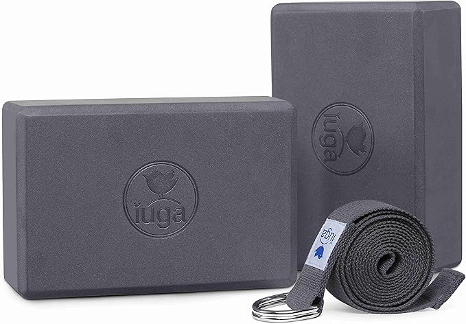 IUGA Yoga Blocks 2 Pack With Strap Non Slip High Density 9"x6"x3" Solid & Cork Yoga Block With Yoga Strap to Improve Strength Balance for Yoga Pilates Meditation