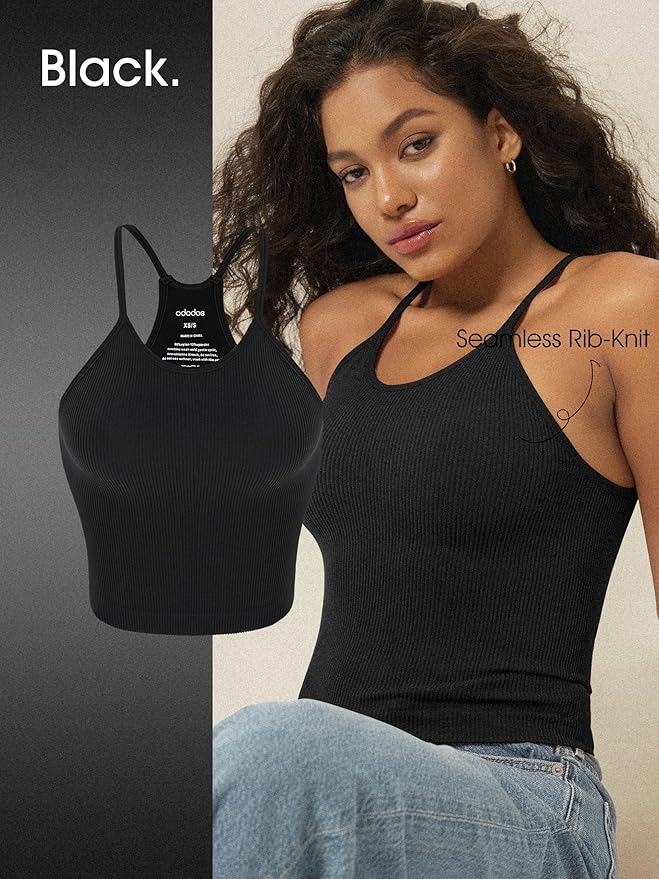 ODODOS Women's Crop 3-Pack Seamless Rib-Knit Camisole Crop Tank Tops