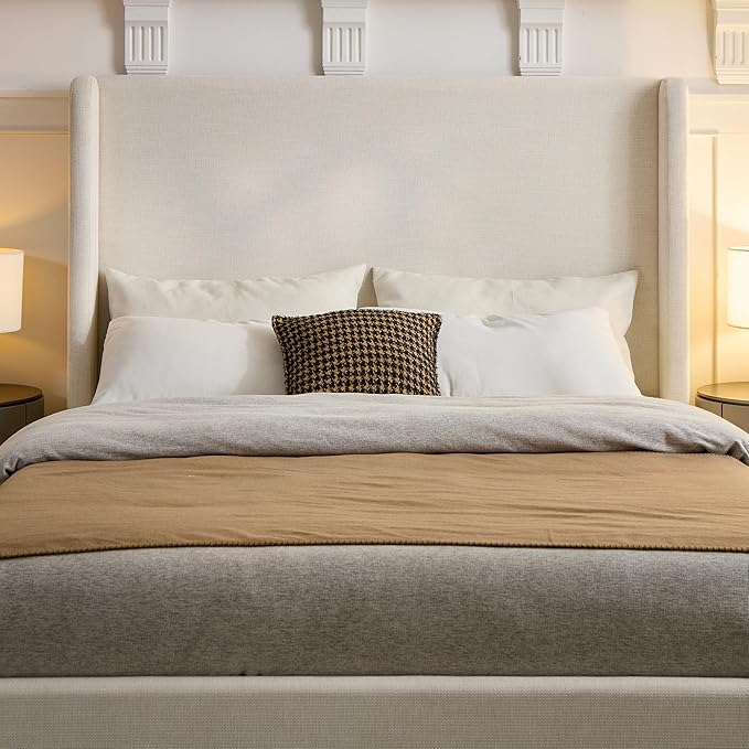 King Size Upholstered Platform Bed Frame, Tall Headboard Carmen Wingback Beds, 52.3" High Headboard Floor Bed Frames, No Box Spring Needed No Noise, Minimalist, Textured Ivory Canvas