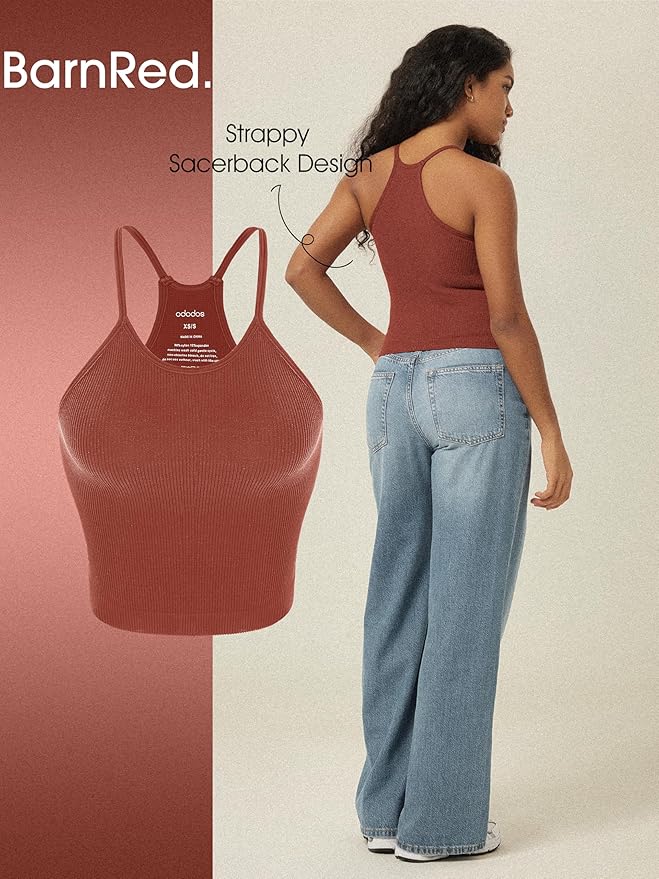 ODODOS Women's Crop 3-Pack Seamless Rib-Knit Camisole Crop Tank Tops