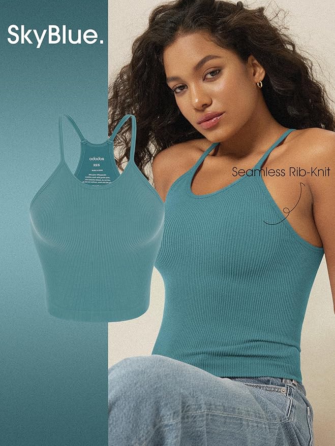 ODODOS Women's Crop 3-Pack Seamless Rib-Knit Camisole Crop Tank Tops