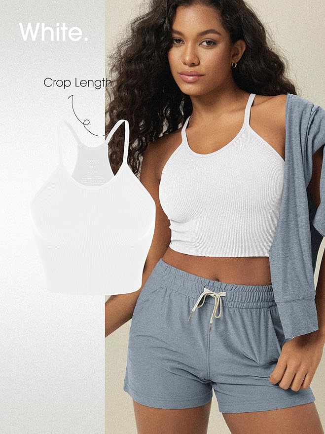 ODODOS Women's Crop 3-Pack Seamless Rib-Knit Camisole Crop Tank Tops