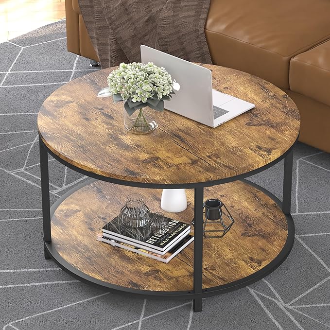 NSdirect Round Coffee Table, 27.6" Small Coffee Table for Living Room,2-Tier Rustic Wood Desktop with Storage Shelf Modern Design Home Furniture(Brown)