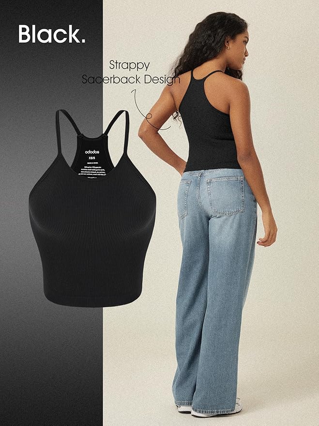 ODODOS Women's Crop 3-Pack Seamless Rib-Knit Camisole Crop Tank Tops
