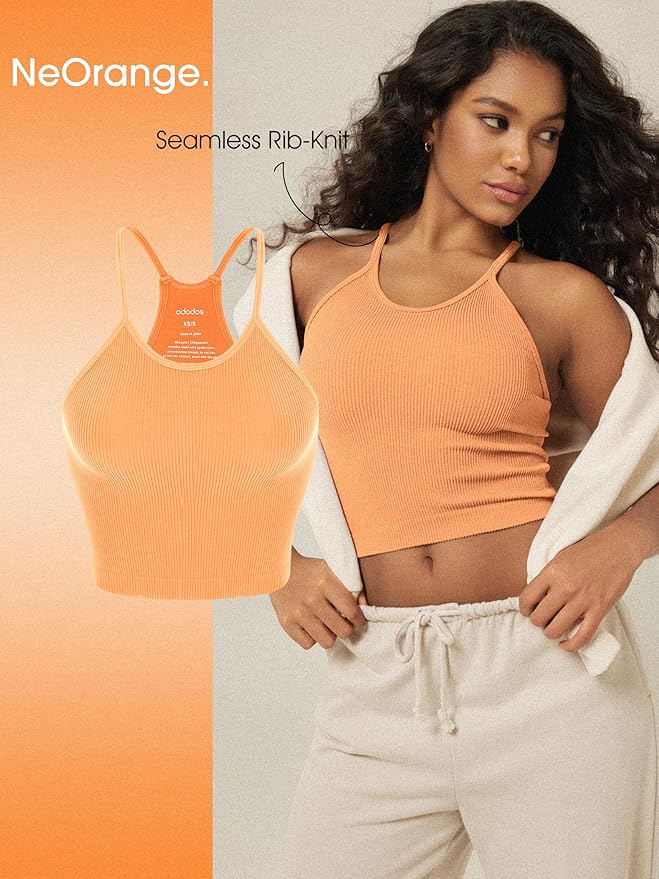 ODODOS Women's Crop 3-Pack Seamless Rib-Knit Camisole Crop Tank Tops
