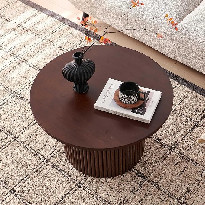 NORDICANA Single Accent Round Coffee Table, 27.5 Inch Wide 16.7 Inch Tall Walnut Color Farmhouse Center Table for Living Room, Manufactured Wood Top with Walnut Veneer