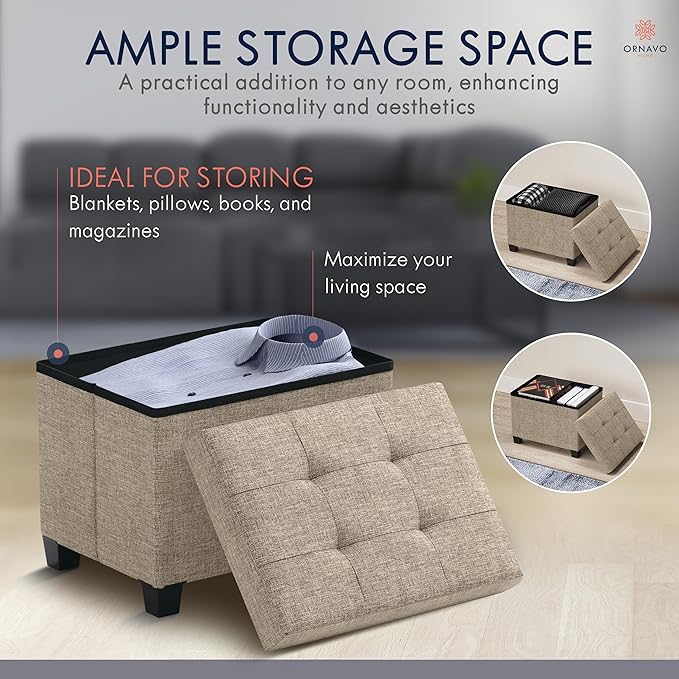 Ornavo Home Storage Ottoman Small Rectangle Ottoman with Legs, Foot Rest Stool Seat, Load up to 600 LB, for Living Room, Bedroom, Home Office, Dorm - 12 x 16 x 12, Tan