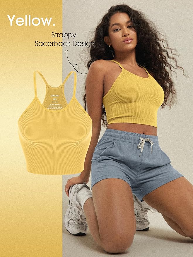 ODODOS Women's Crop 3-Pack Seamless Rib-Knit Camisole Crop Tank Tops