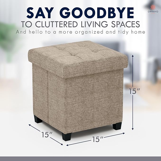 Ornavo Home Storage Ottoman with Legs, Square Cube Foot Rest Stool Seat, for Living Room, Bedroom, Home Office, Dorm - 15 x 15 x 15, Tan