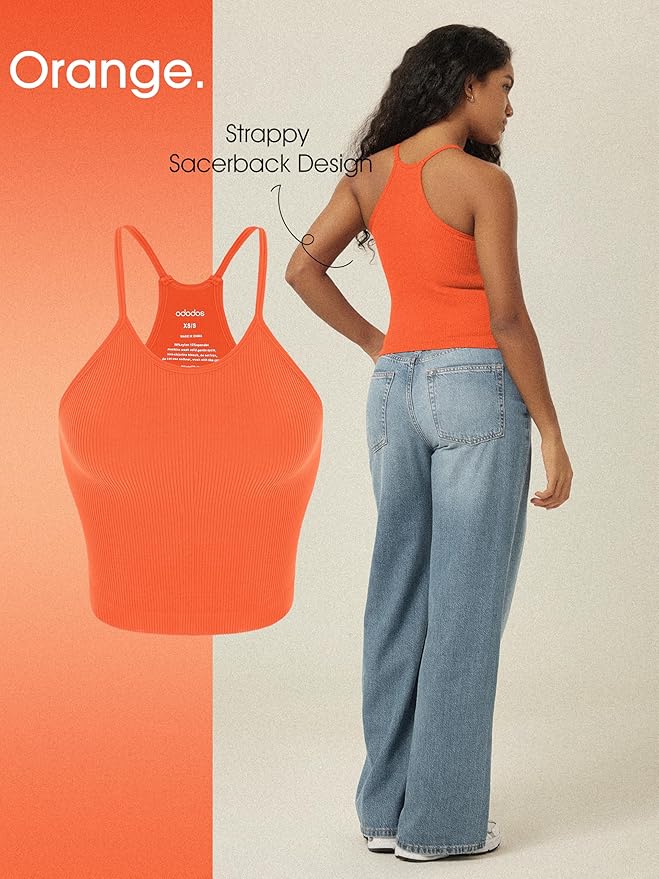 ODODOS Women's Crop 3-Pack Seamless Rib-Knit Camisole Crop Tank Tops