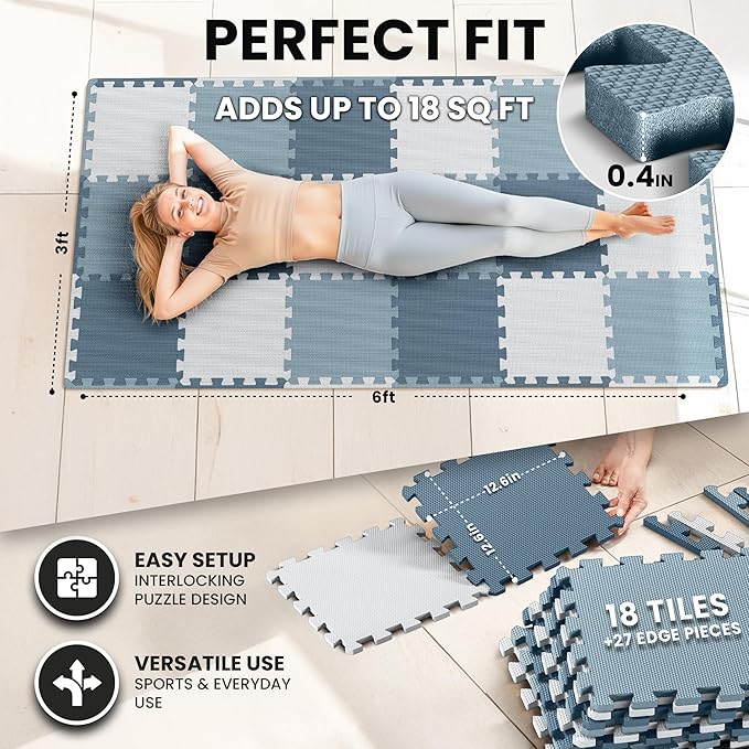 bemaxx Gym Mats Set - 18 pcs EVA Interlocking Foam Floor Tiles (12.6"x12.6"x0.4") 18sqft Protective Gym Flooring Sports Home Workout Exercise Mats Puzzle Garage Fitness Play-Room Pool Treadmill Bike