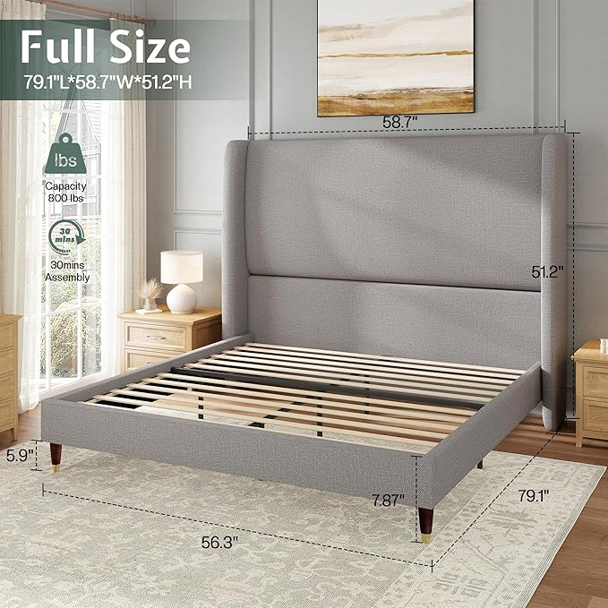 Jocisland Full Size Bed Frame 51.2" Wingback Headboard Linen Upholstered Platform Bed with Solid Wood Legs & Wooden Slats, No Box Spring Needed, Modern Minimalist Style, Easy Assembly, Light Gray