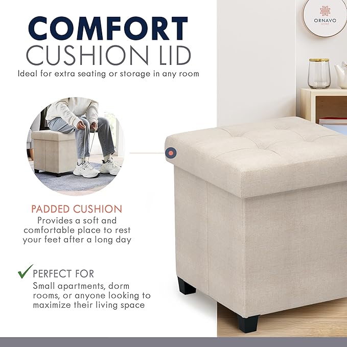 Ornavo Home Storage Ottoman with Legs, Square Cube Foot Rest Stool Seat, for Living Room, Bedroom, Home Office, Dorm - 15 x 15 x 15, Beige