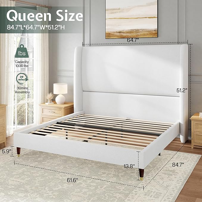 Jocisland Queen Size Bed Frame 51.2" Wingback Headboard Linen Upholstered Platform Bed with Solid Wood Legs & Wooden Slats, No Box Spring Needed, Modern Minimalist Style, Easy Assembly, White