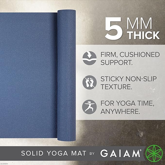 Gaiam Yoga Mat - Premium 5mm Solid Thick Non Slip Exercise & Fitness Mat for All Types of Yoga, Pilates & Floor Workouts (68" x 24" x 5mm)