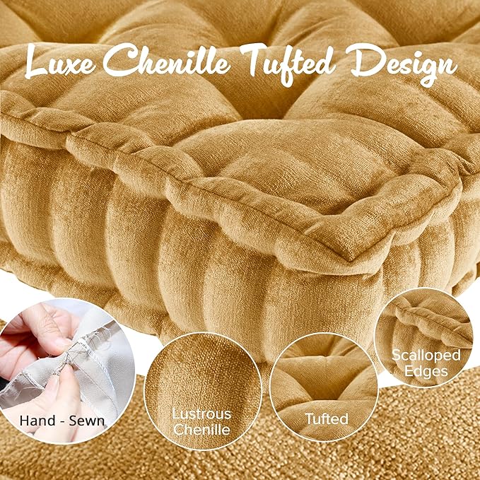 Intelligent Design Azza Floor Pillow, Large Cushions Sitting for Adults, Floor Pillow for Meditation or Yoga, Lustrous Chenille Tufted with Scalloped Edges for Bench/Chair Cushion, 20"x20"x5" Yellow