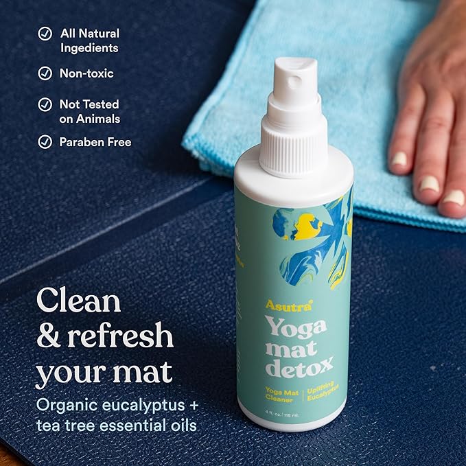 ASUTRA Yoga Mat Cleaner Spray (Uplifting Eucalyptus), 4 fl oz - No Slippery Residue, Organic Essential Oils, Deep-Cleansing for Fitness Gear & Gym Equipment, Microfiber Towel Included