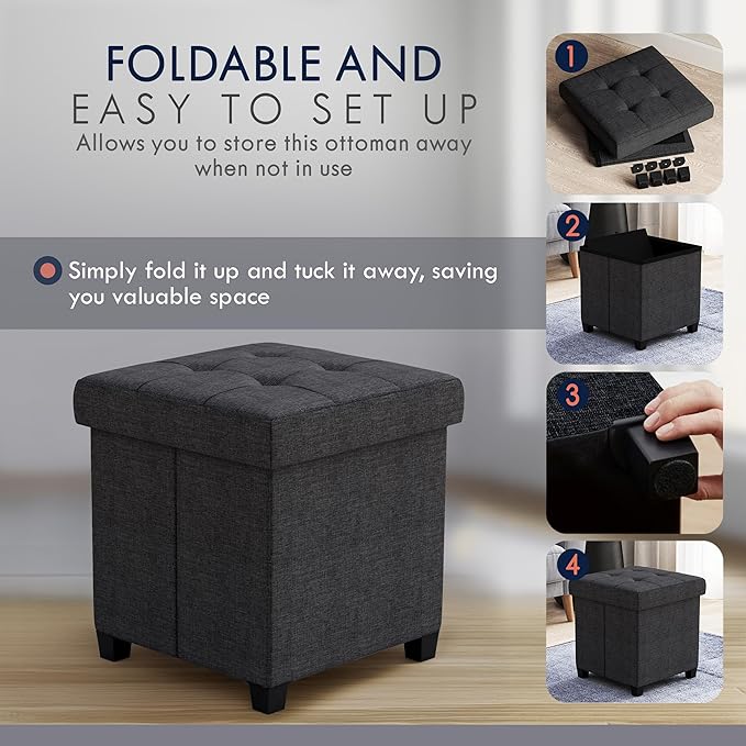 Ornavo Home Storage Ottoman with Legs, Square Cube Foot Rest Stool Seat, for Living Room, Bedroom, Home Office, Dorm - 15 x 15 x 15, Black
