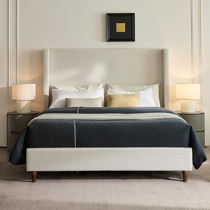 Upholstered Bed Frame Queen Size, 54" Tall Headboard Curved Wingback Platform Bed Frame/Elegant Boucle Bed Frame for Bedroom/ Wood Slats Support/No Box Spring Needed/Easy Assembly/Cream White Boucle