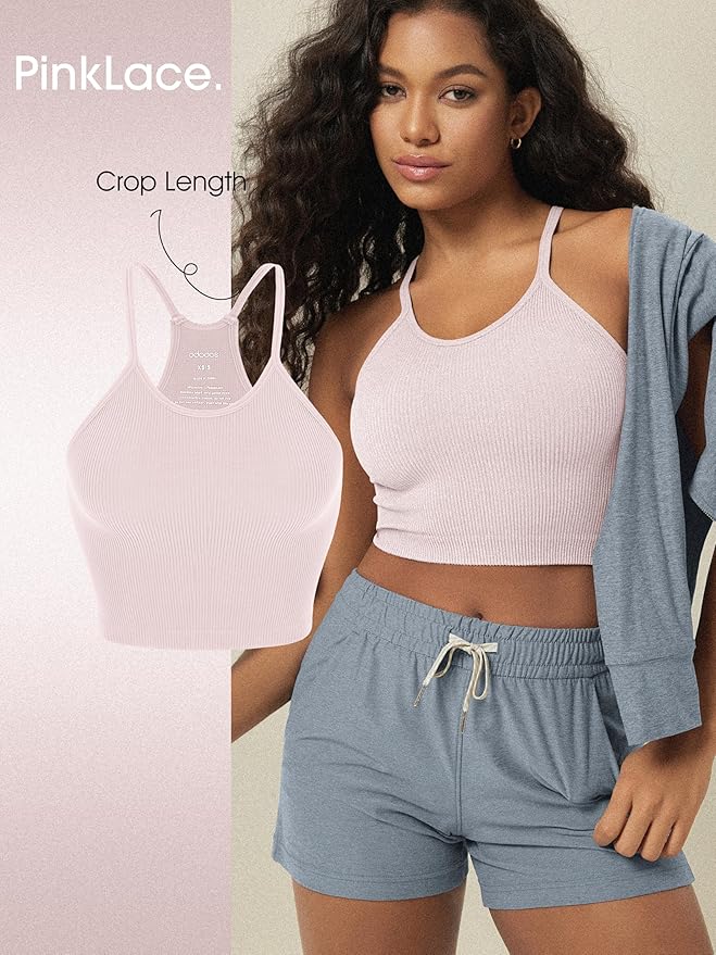 ODODOS Women's Crop 3-Pack Seamless Rib-Knit Camisole Crop Tank Tops