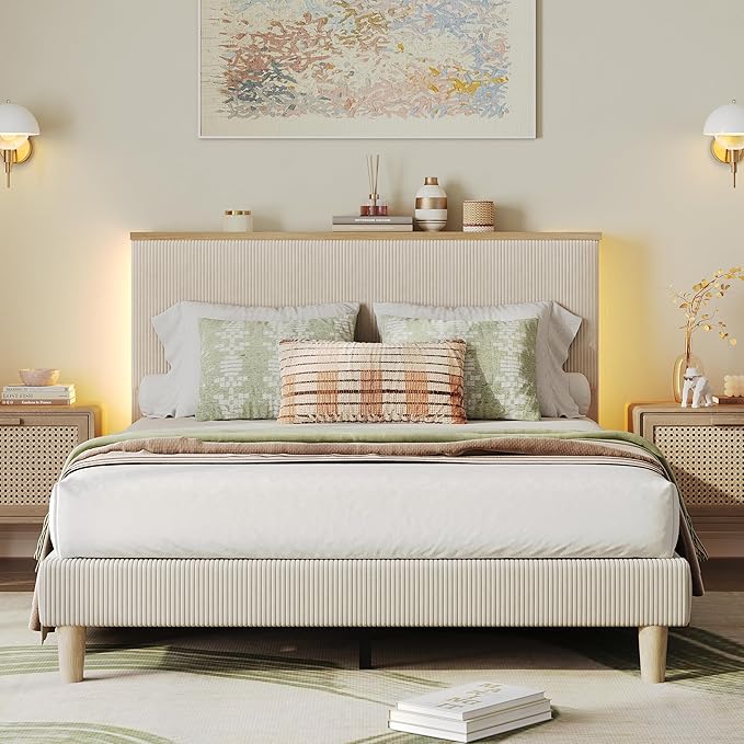 Bestier Queen Bed Frame with Adjustable Headboard & LEDLighting, Corduroy Upholstered Platform Bed Frame withStorage Shelf, Solid Wood Slats, No Box Spring Needed,Never Squeak, Easy Assembly, Beige