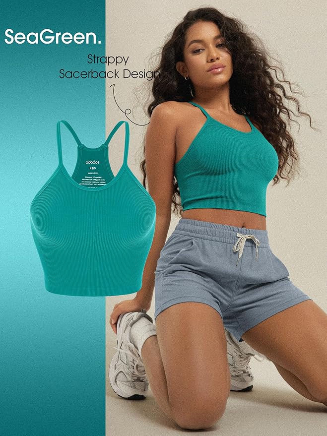 ODODOS Women's Crop 3-Pack Seamless Rib-Knit Camisole Crop Tank Tops