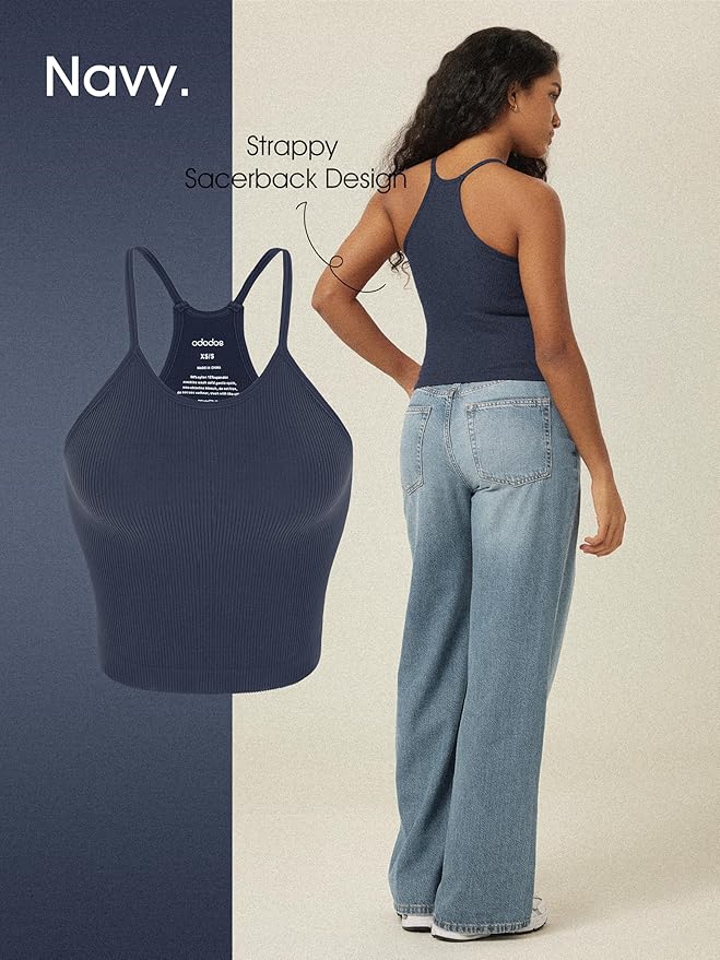 ODODOS Women's Crop 3-Pack Seamless Rib-Knit Camisole Crop Tank Tops