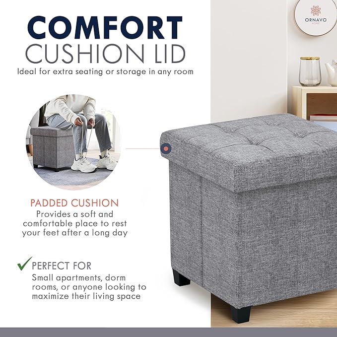 Ornavo Home Storage Ottoman with Legs, Square Cube Foot Rest Stool Seat, for Living Room, Bedroom, Home Office, Dorm - 15 x 15 x 15, Gray