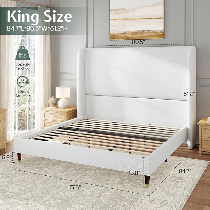 Jocisland King Size Bed Frame 51.2" Wingback Headboard Linen Upholstered Platform Bed with Solid Wood Legs & Wooden Slats, No Box Spring Needed, Modern Minimalist Style, Easy Assembly, White