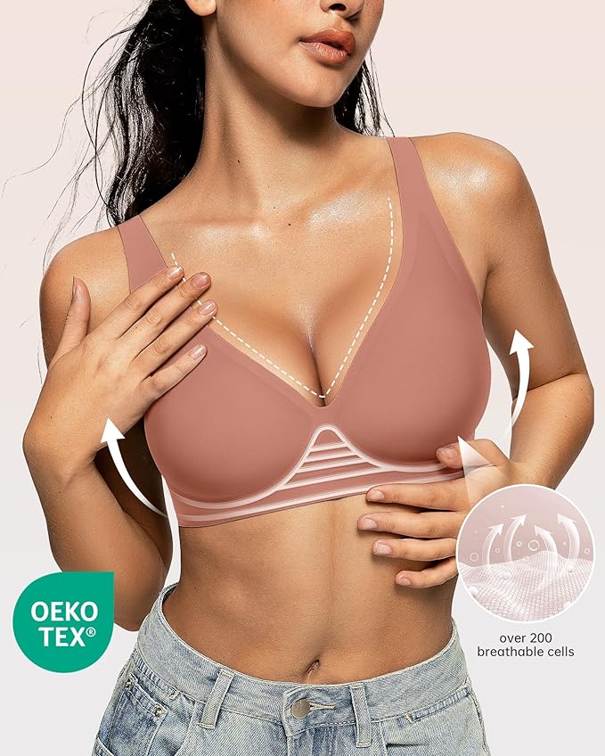 OEAK Womens Deep V Bras Wireless Comfortable Bra Supportive No Underwire Bras Tshirt Push Up Bralettes Plunge Seamless Bra