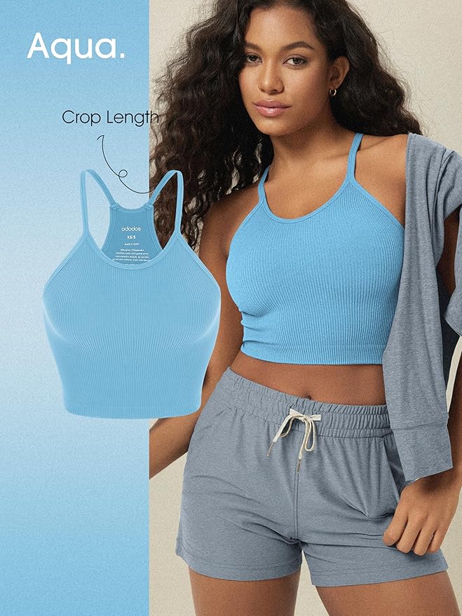 ODODOS Women's Crop 3-Pack Seamless Rib-Knit Camisole Crop Tank Tops