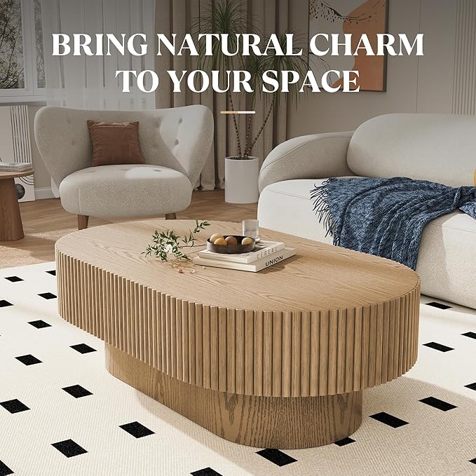 YOUDENOVA 43.7” Oval Coffee Table, Modern Wood Fluted Coffee Table for Living Room, Veneer Handcrafted Relief Center Table with Sturdy Pedestal，Easy Assembly - Natural