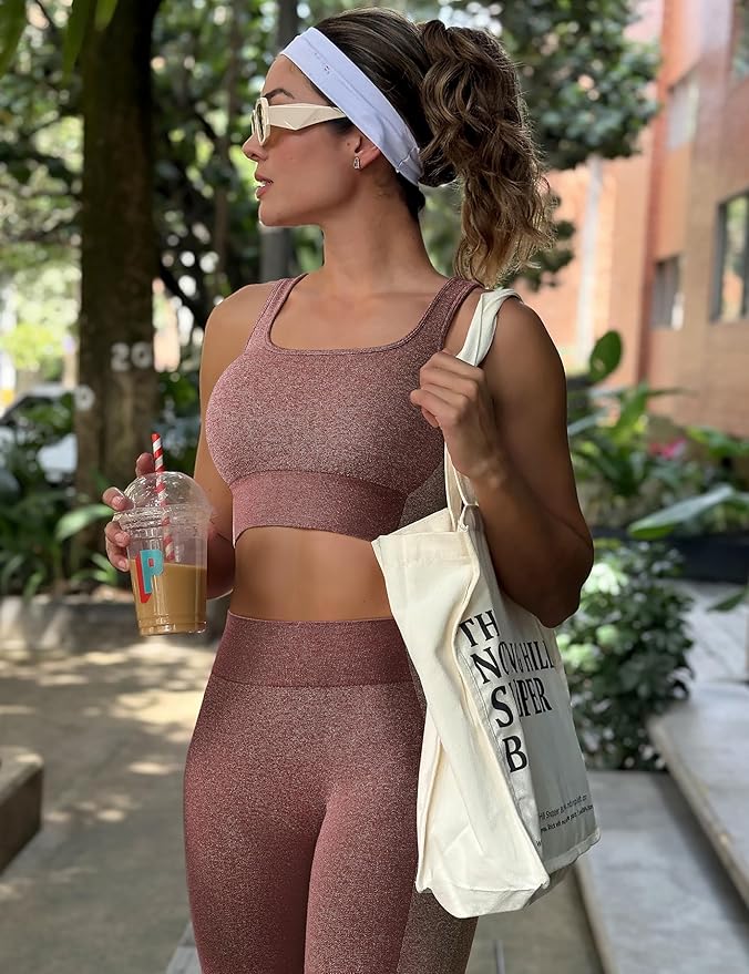 OLCHEE Womens Workout Sets 2 Piece Seamless Square Neck Sports Bra Padded Butt Lifting Leggings High Waist Yoga Gym Outfits