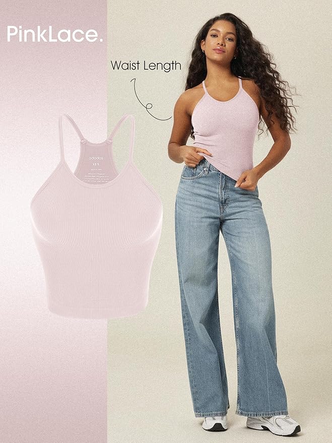 ODODOS Women's Crop 3-Pack Seamless Rib-Knit Camisole Crop Tank Tops